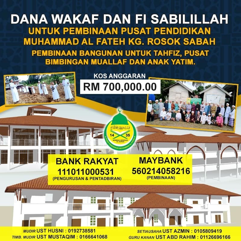 Sumbangan Waqaf Fi-Sabilillah Pembinaan dan Pengurusan Pusat Pendidikan Muhammad Al Fateh, Sabah